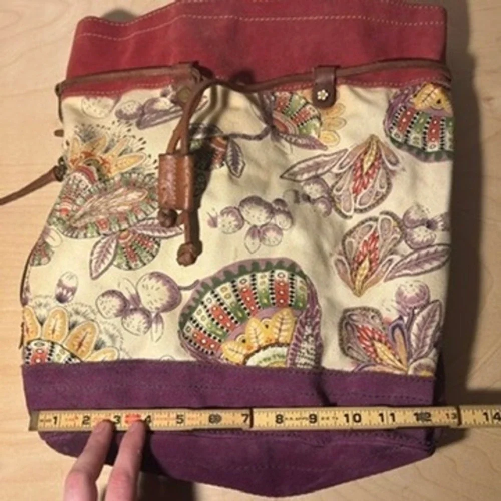 Lucky Brand Backpack Multicolor Floral Suede Canvas Drawstring Boho Skool Laptop